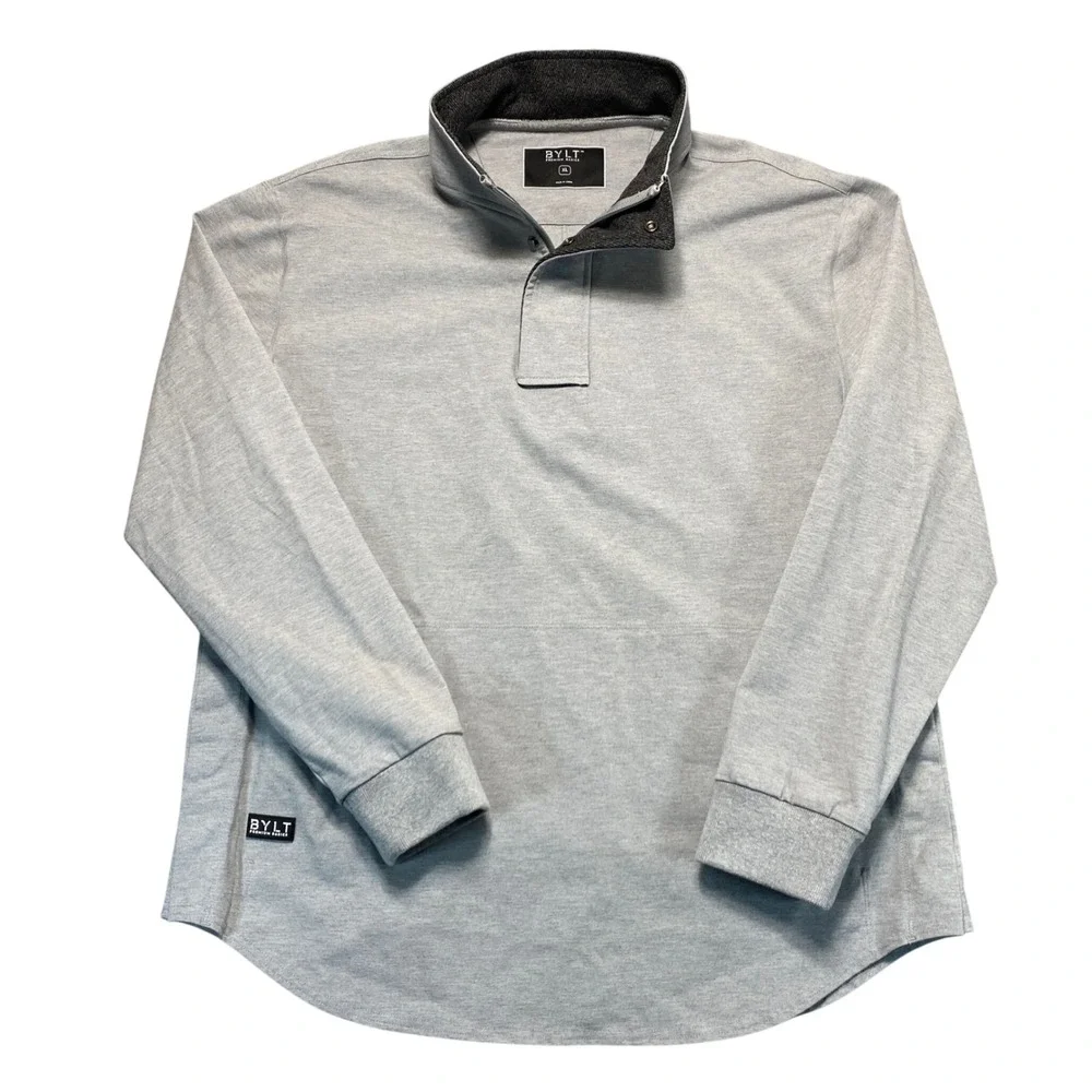 BYLT Premium Basics Mens XL Quarter Zip Snap Pullover Heather Gray Curved Hem